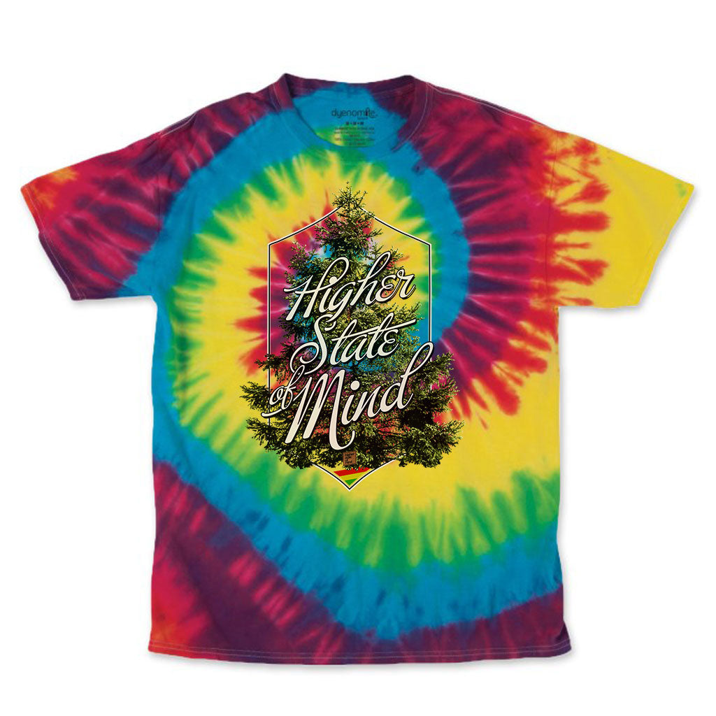 StonerDays Hsom Evergreen Rainbow Tie Dye Tee, vibrant cotton t-shirt, front view on white