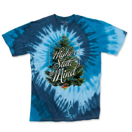StonerDays Hsom Evergreen tie-dye t-shirt with 'Higher State of Mind' graphic, front view on white
