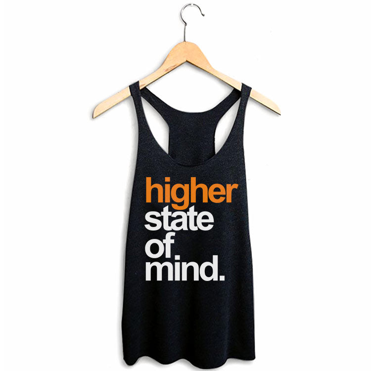 StonerDays Hsom Orange Tangie Women's Racerback Tank Top in Black, Front View on Hanger