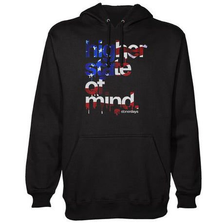 StonerDays Hsom Patriot Hoodie in black with colorful text, front view on a white background