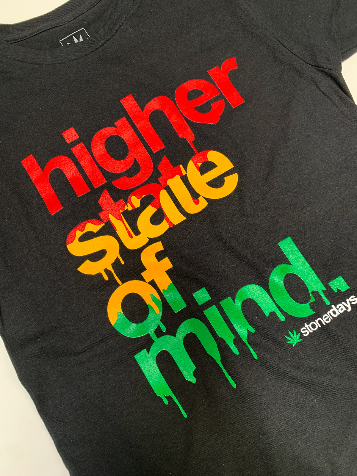StonerDays men's black cotton t-shirt with 'higher state of mind' Rasta color print