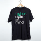 StonerDays black cotton t-shirt with 'higher state of mind' text in teal, front view on hanger