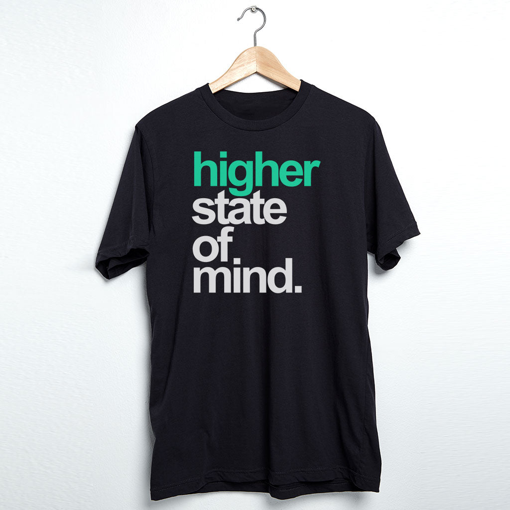 StonerDays black tank top with 'higher state of mind' text, front view on hanger