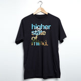 StonerDays Hsom Rio Grande black cotton t-shirt with 'higher state of mind' graphic, front view