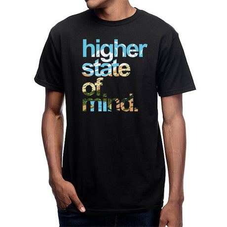 StonerDays Hsom Rio Grande men's black cotton t-shirt with 'higher state of mind' graphic, front view