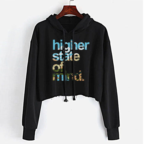 StonerDays Hsom Rio Grande Women's Crop Top Hoodie in Black with Graphic Print - Front View