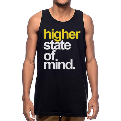 StonerDays Hsom Shatter Yellow Tank top in black with bold text, front view on male model