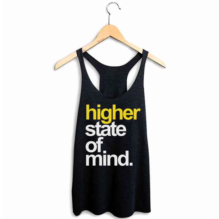 StonerDays Hsom Shatter Yellow Women's Racerback Tank Top in Teal, Front View on Hanger