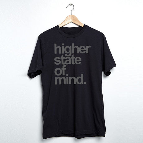 StonerDays Hsom Smoke men's gray t-shirt with 'higher state of mind' text, front view on hanger