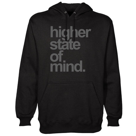 StonerDays Hsom Smoke Hoodie in black, front view with 'higher state of mind.' slogan