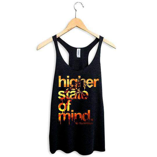 StonerDays Hsom Sunset Racerback tank top in orange-red hues on black, front view on hanger