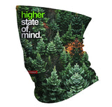 StonerDays Hsom Trees Neck Gaiter with forest print and 'higher state of mind' text, UV reactive