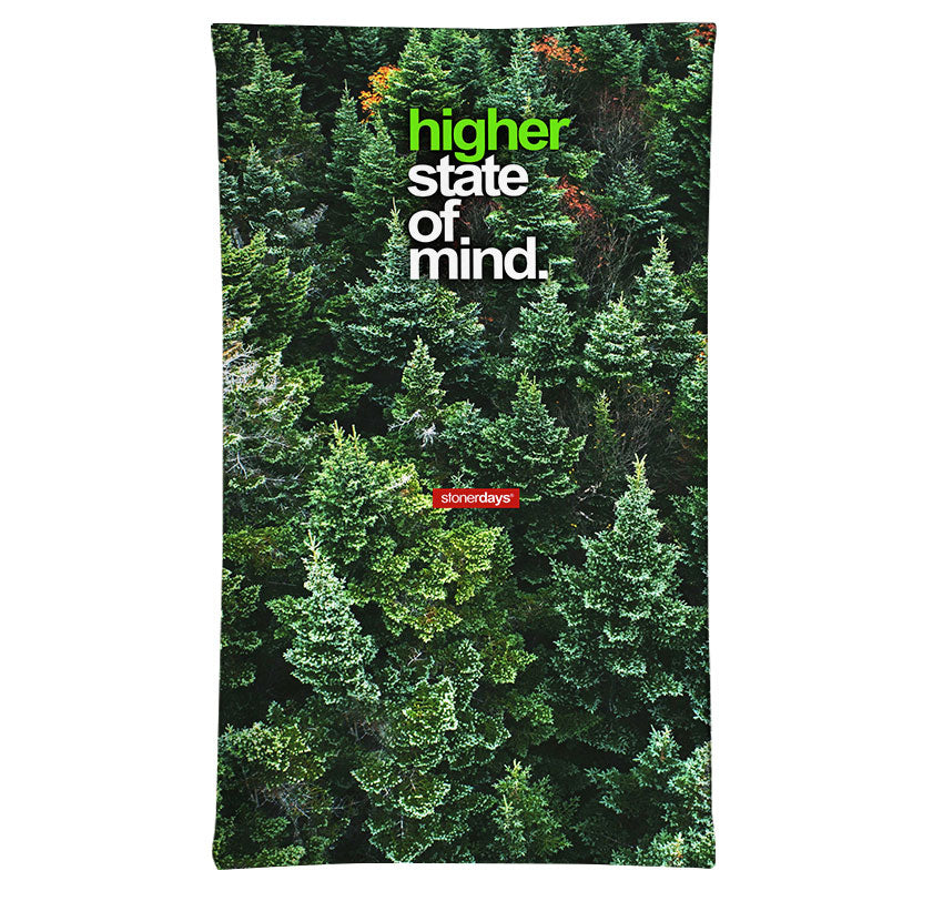 StonerDays Hsom Trees Neck Gaiter with forest print and 'higher state of mind' slogan, front view