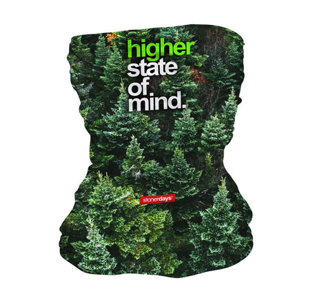 StonerDays Hsom Trees Neck Gaiter featuring forest print with 'higher state of mind' text