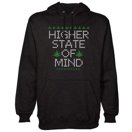 StonerDays Men's Ugly Hoodie with 'HIGHER STATE OF MIND' text and cannabis leaf design, front view