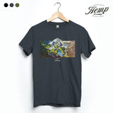 StonerDays Hsom Unity Hemp Tee in Smoke Grey, featuring eco-friendly material, front view on hanger