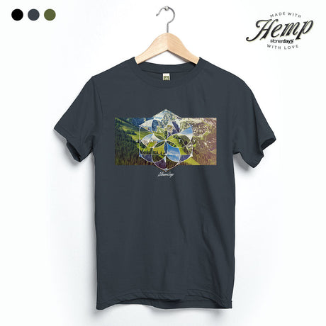 StonerDays Hsom Unity Hemp Tee in Smoke Grey, featuring eco-friendly material, front view on hanger