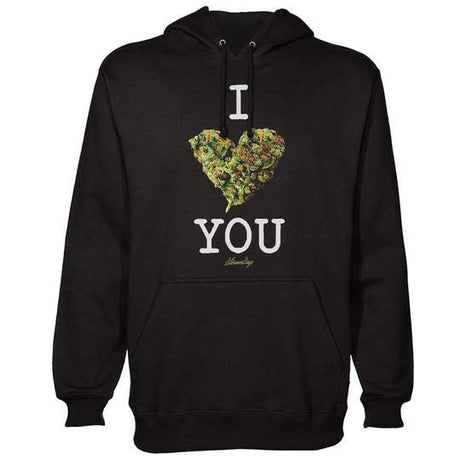 StonerDays black hoodie with "I Bud You" design, chillum graphic, front view on white background