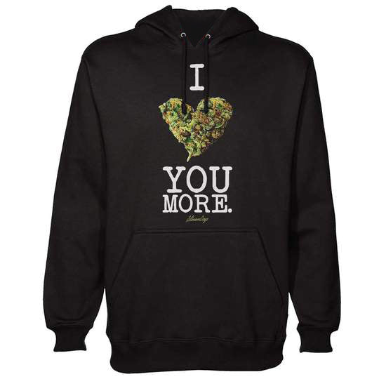 StonerDays black hoodie with "I Bud You More" print, front view on a seamless white background