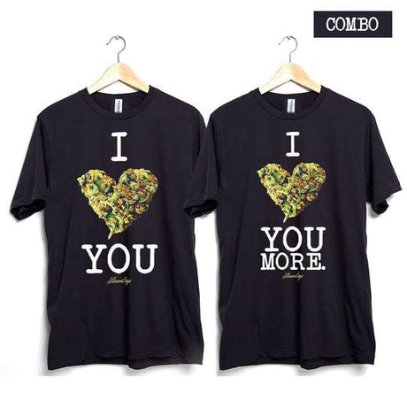 StonerDays Men's Tee Combo with 'I Bud You' and 'I Bud You More' designs, front view on hangers