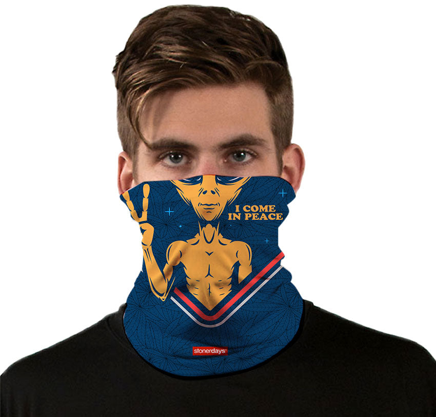 StonerDays I Come In Peace Gaiter featuring an alien design in blue, gray, and orange