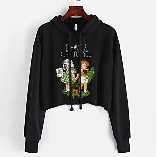 StonerDays 'I Have A Kush On You' black crop top hoodie with graphic print, front view
