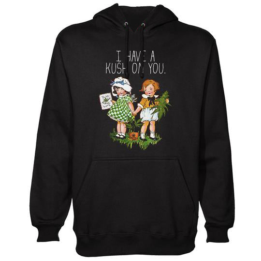 StonerDays men's black cotton hoodie with "I Have A Kush On You" graphic, front view