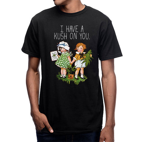 StonerDays black cotton tee with "I Have A Kush On You" graphic, front view on model