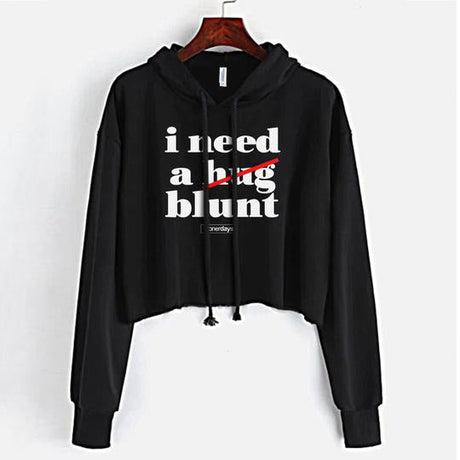 StonerDays black crop top hoodie with 'i need a hug blunt' text, front view on white background