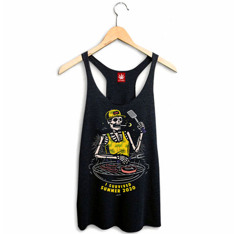StonerDays black racerback tank top with 'I Survived Summer 2020' graphic, hanging on white background
