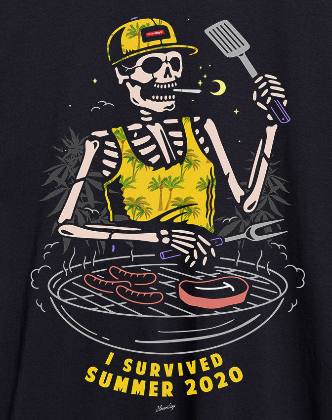 StonerDays Men's Cotton Tee with Skeleton Graphic, I Survived Summer 2020, Front View
