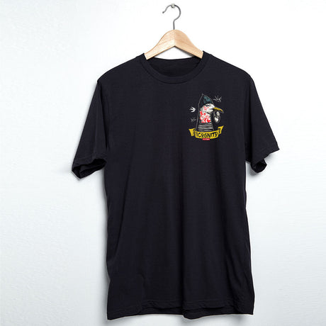 StonerDays Incognito Sparrow men's black cotton t-shirt on hanger, front view