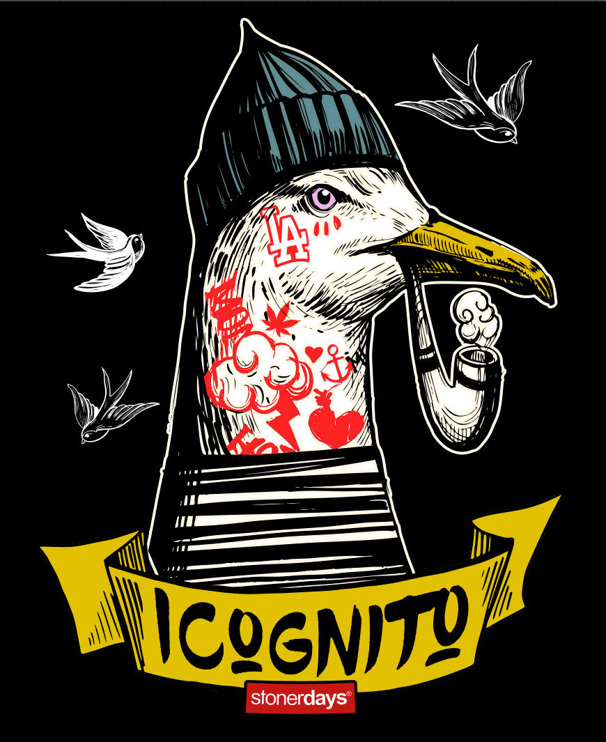 StonerDays Icognito Sparrow men's t-shirt design with bird graphic on black cotton