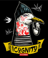 StonerDays Icognito Sparrow men's t-shirt design with bird graphic on black cotton
