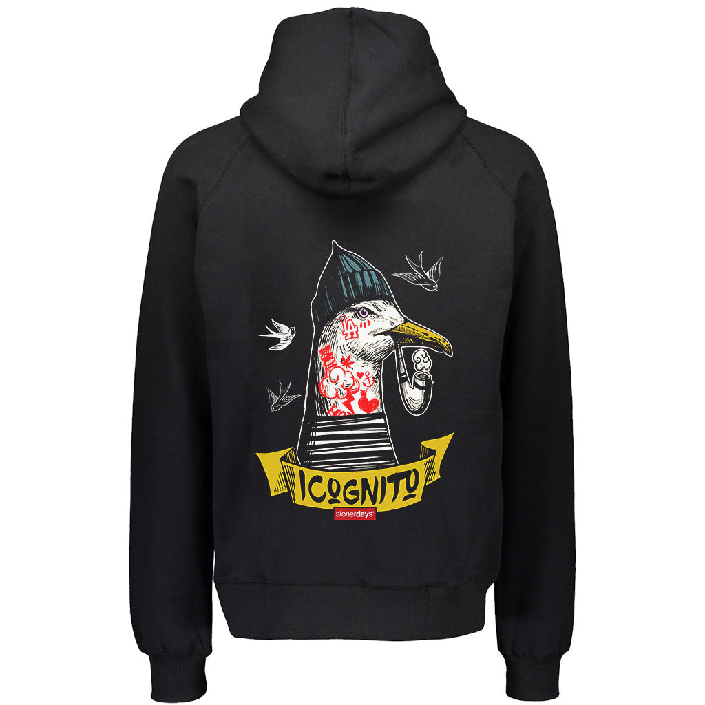 StonerDays Incognito Sparrow Hoodie, Men's black cotton sweatshirt with graphic back view