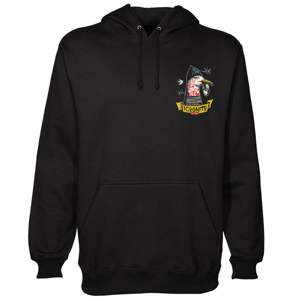 StonerDays Incognito Sparrow Hoodie in black with graphic print, front view on white background