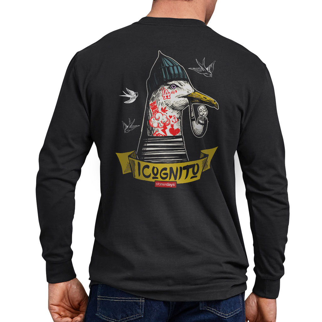 StonerDays Icognito Sparrow Long Sleeve shirt, rear view on a male model, USA-made cotton apparel