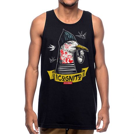 StonerDays Incognito Sparrow Tank for men, front view on model, sizes S to 3XL, black with graphic design