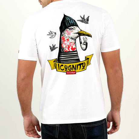 Rear view of a man wearing StonerDays Incognito Sparrow White Tee with bold graphic design