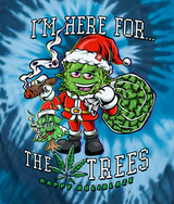StonerDays blue tie-dye t-shirt with cartoon Santa and "I'm Here For The Trees" text, front view