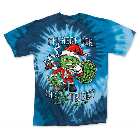 StonerDays blue tie-dye t-shirt with 'I'm Here For The Trees' graphic, front view on white background