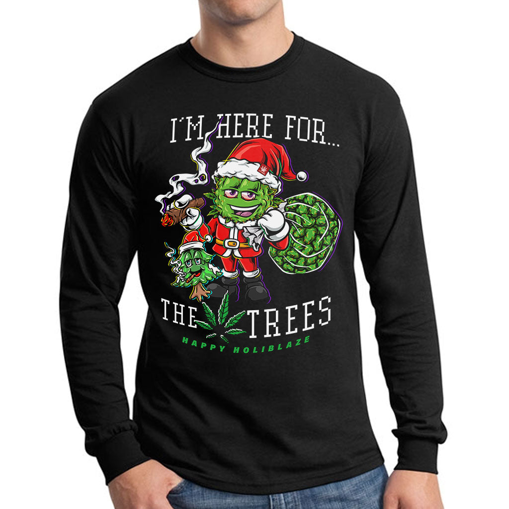 StonerDays long sleeve shirt with 'I'm Here For The Trees' print, front view on a male model