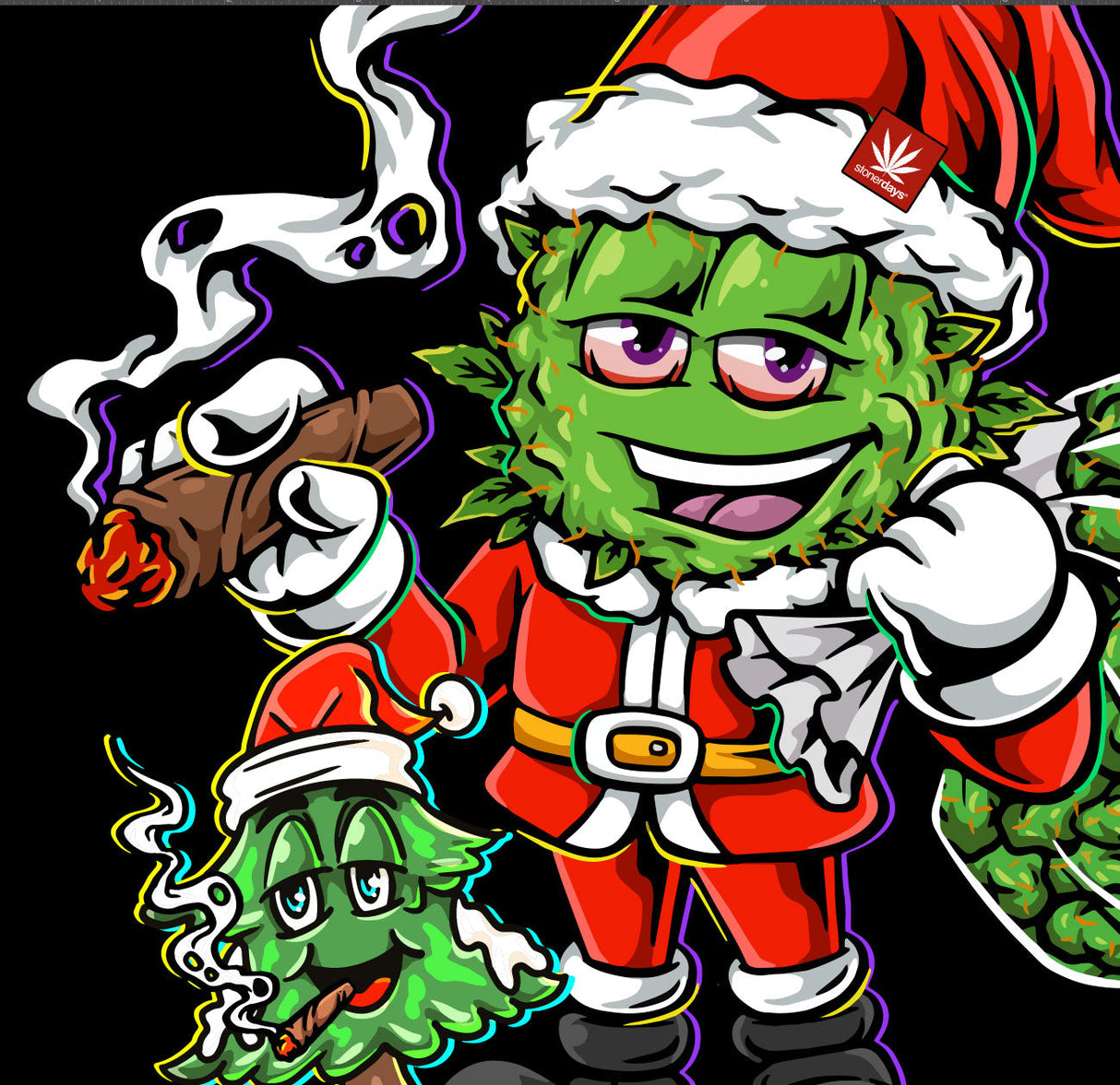 StonerDays festive long sleeve shirt with cartoon cannabis characters in Santa outfits