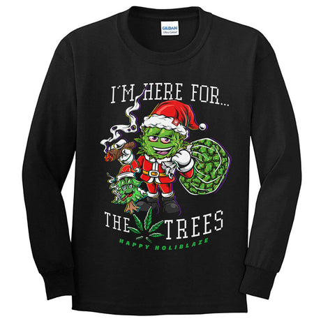 StonerDays black long sleeve shirt with festive tree-themed graphic, front view on white background