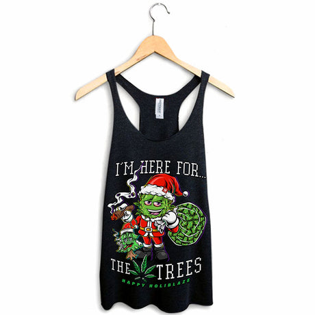 StonerDays Women's Racerback Tank Top in Black with 'I'm Here For The Trees' Graphic, Front View