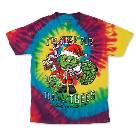 StonerDays Cotton T-Shirt in Rainbow Tie Dye with 'I'm Here For The Trees' Graphic, Front View