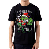 StonerDays black cotton t-shirt with 'I'm Here For The Trees' graphic, front view on model