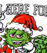 StonerDays White Tee with 'I'm Here For The Trees' graphic, Santa-themed cannabis character