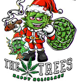 StonerDays White Tee with 'I'm Here For The Trees' festive graphic, Santa character holding a bag of cannabis