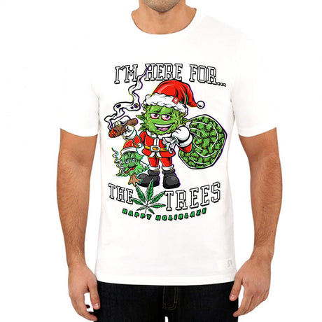 StonerDays White Tee with 'I'm Here For The Trees' Graphic, Front View on Model